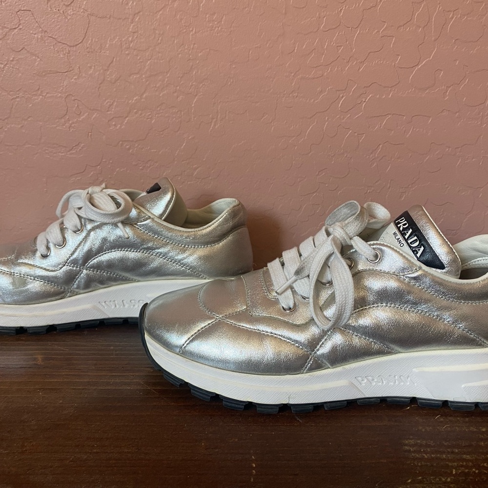 Prada Metallic Silver Lace-Up Sneakers - Picture 3 of 7